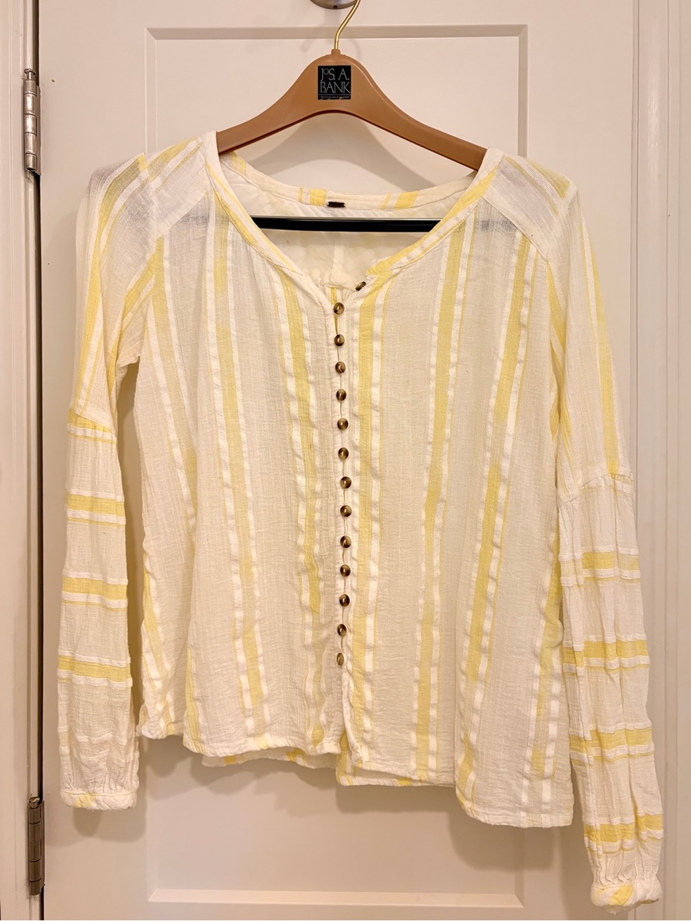 Vintage Free People White & Yellow Striped Button-Front Women's Top